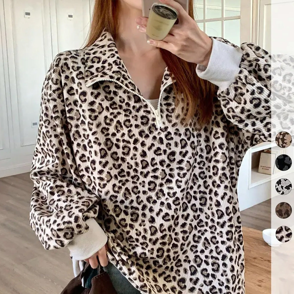 🔥Limited-Time Special Offer|Women’s Leopard Print Oversized Half-Zip Pullover – Soft Casual Sweatshirt
