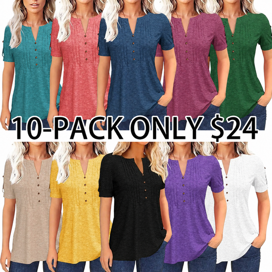 Women’s V Neck T Shirt – Casual Pleated Button Top, Loose Fit Shor