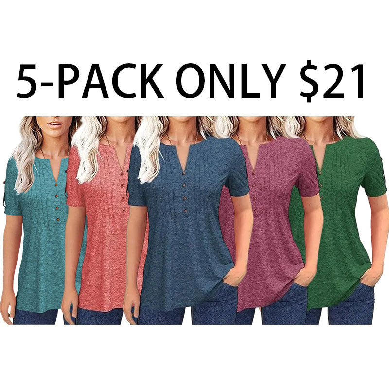 Women’s V Neck T Shirt – Casual Pleated Button Top, Loose Fit Shor