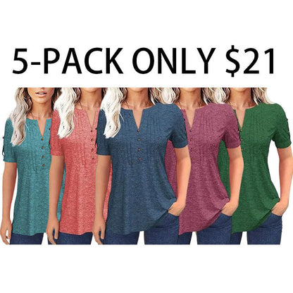Women’s V Neck T Shirt – Casual Pleated Button Top, Loose Fit Shor